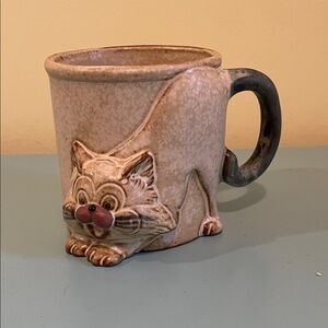 Vintage Giftcraft 1970s Pottery Cat Mug - Cream and Brown